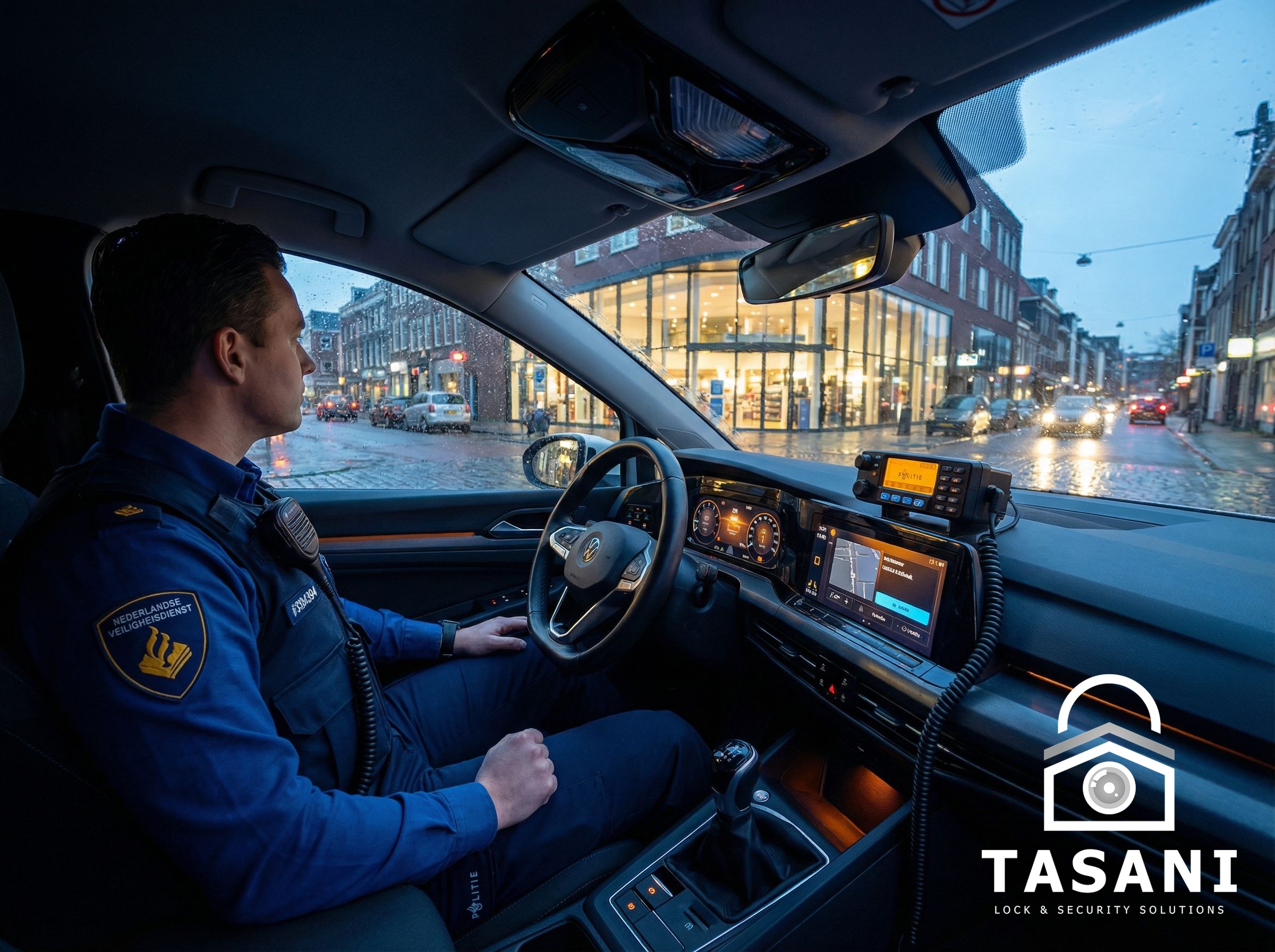 Beveiligingsmedewerker controleert toegangspunt van bedrijfspand