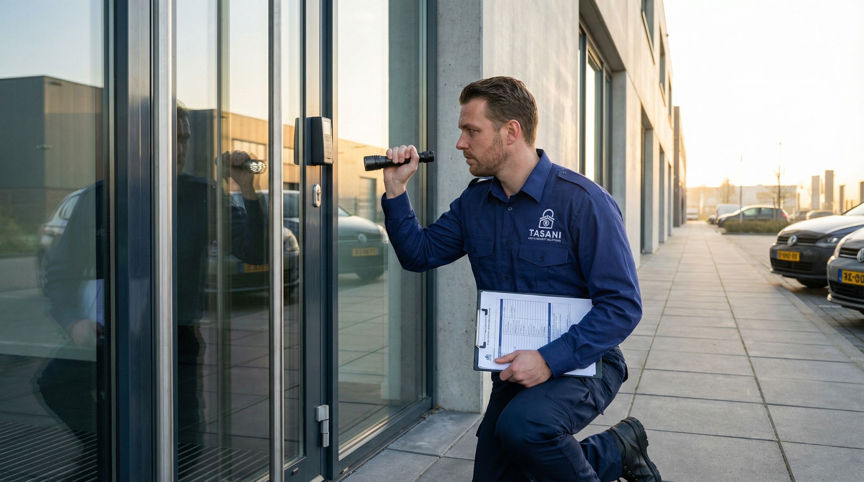 Tasani beveiligingsmedewerker inspecteert bedrijfspand