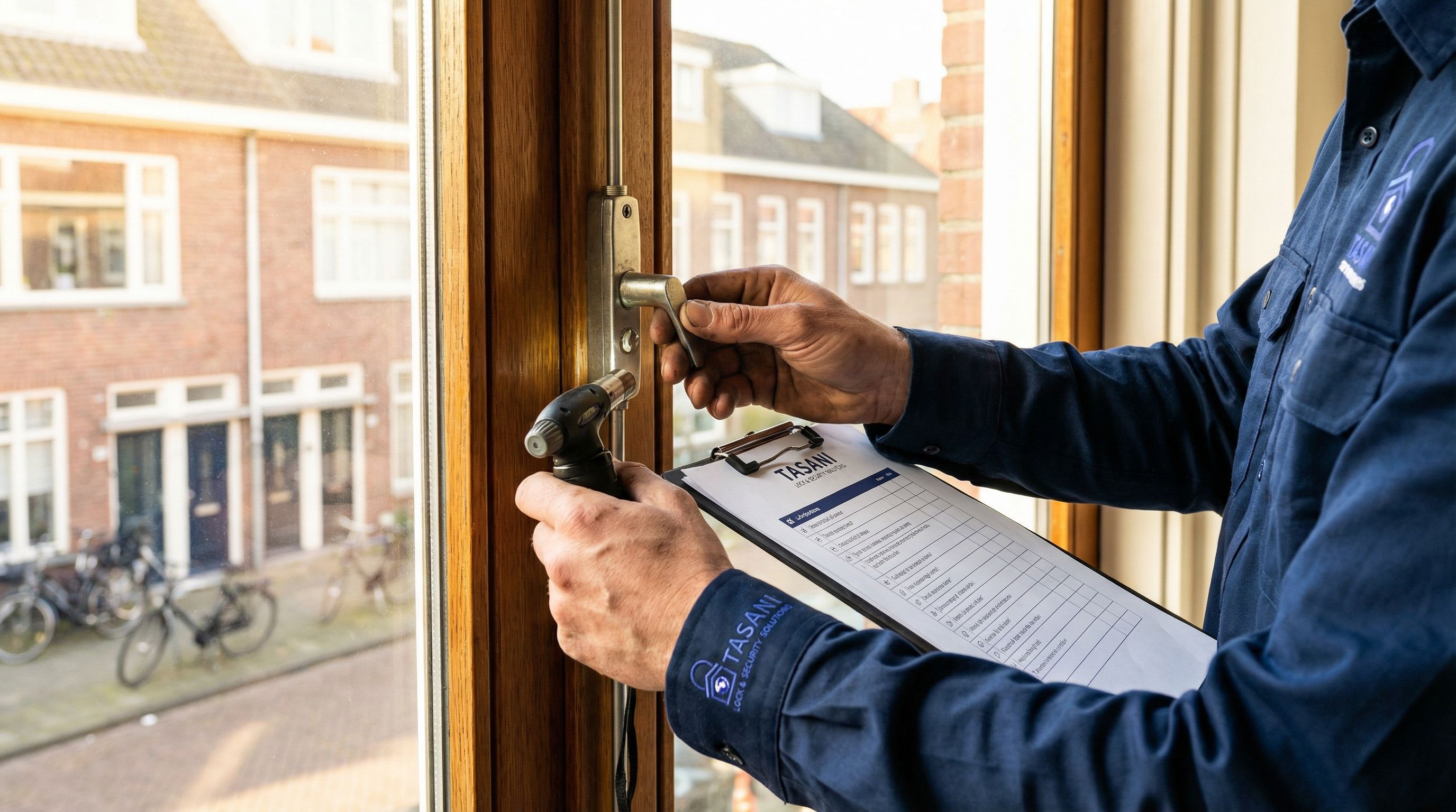 Beveiligingsexpert inspecteert ramen en deuren